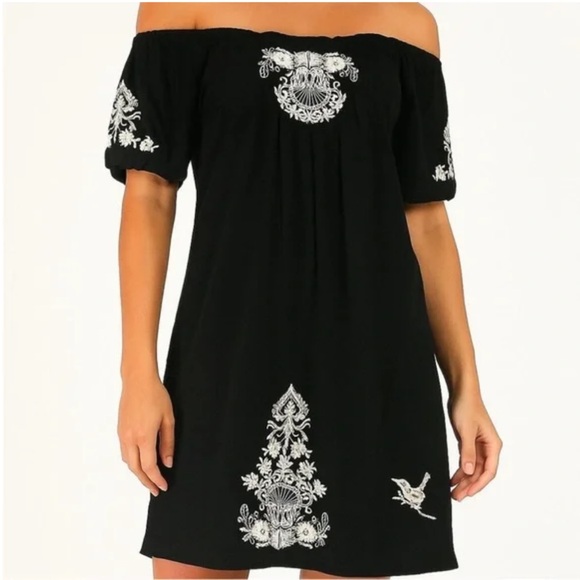 Johnny Was Off-Shoulder Embroidered Floral Mini Dress Boho Bohemian Neutral - Picture 1 of 14